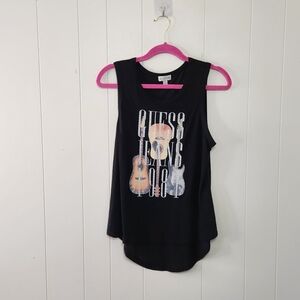 Guess Sleeveless Music Festival Tank Top Black Graphic T-Shirt Guitars Western